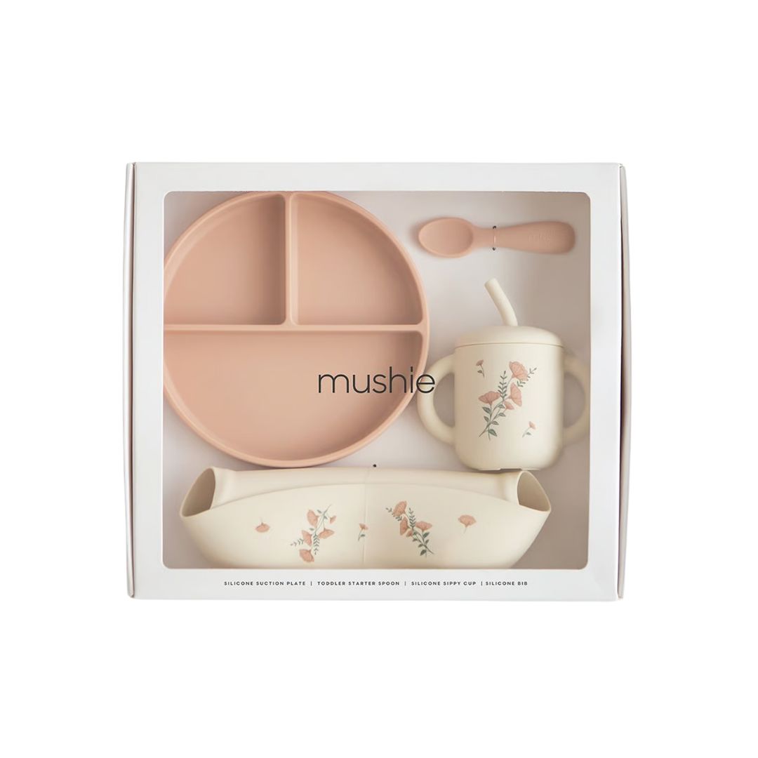 Mushie Spisesett i Silikon Blomster